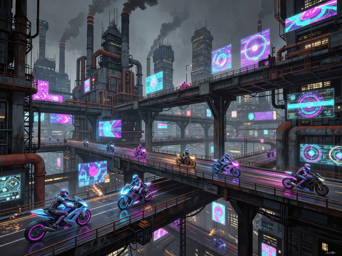 Animated futuristic megacity with motorcycles, elevated roads, holographic signs and looming industrial structures