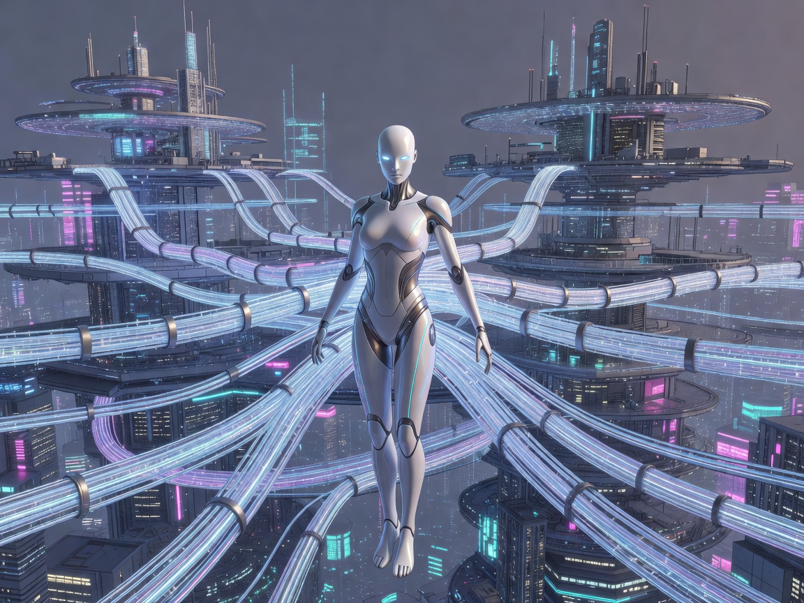 Animated synthetic body connected to a layered city network through luminous data lines