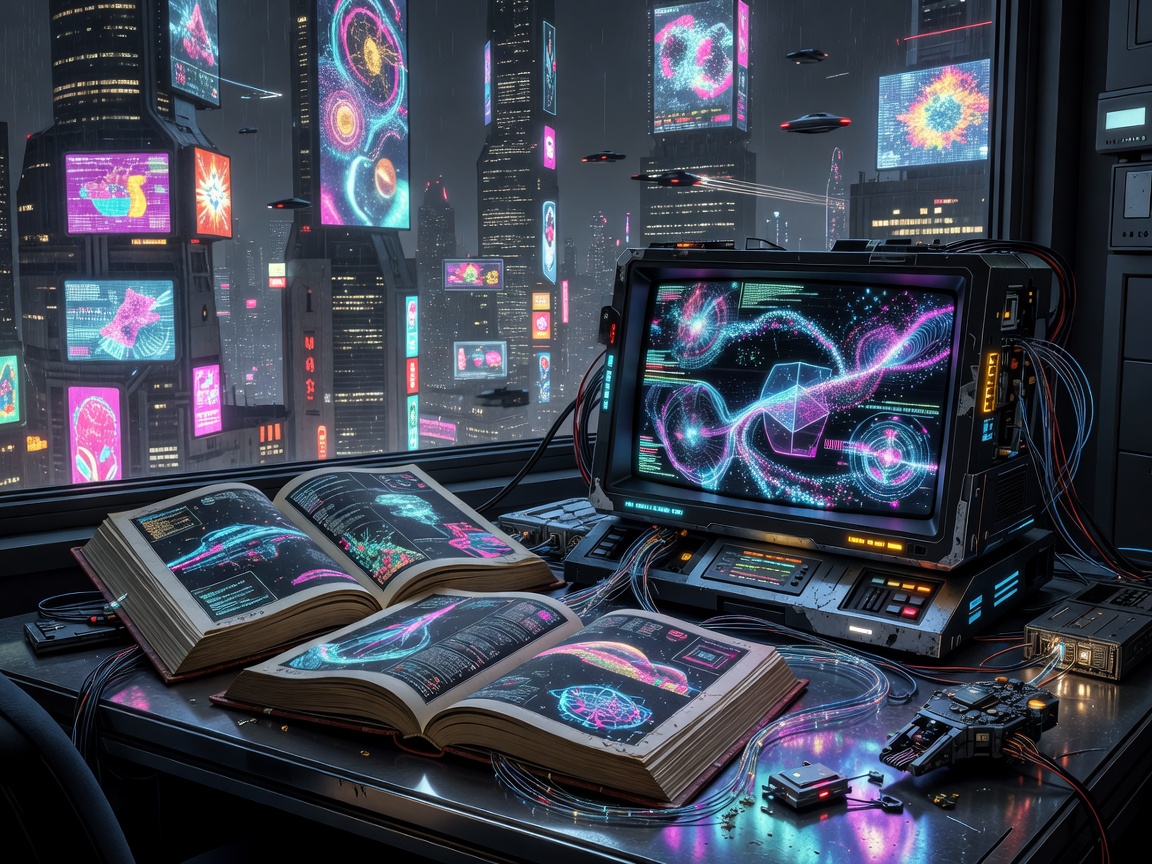 Open science-fiction books beside a glowing terminal overlooking a dense futuristic city