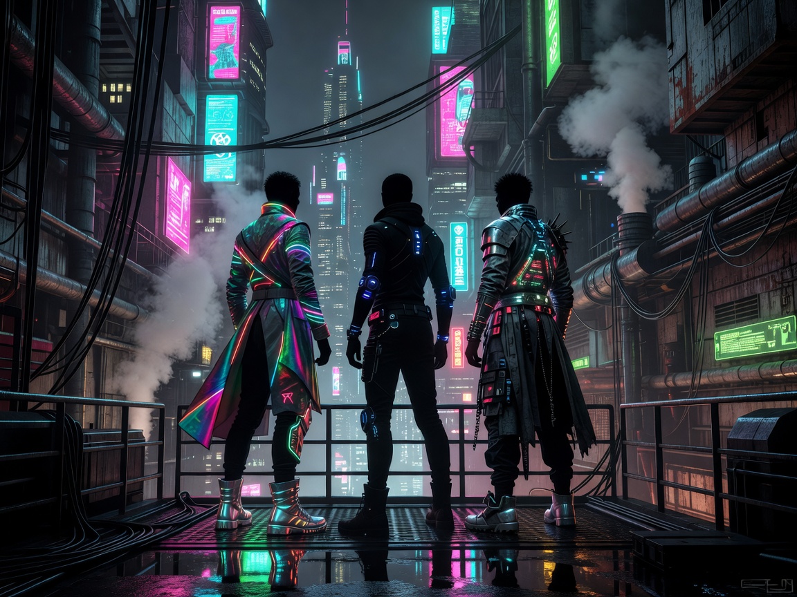 Cyberpunk clothing silhouettes against a neon city with cables, signs and industrial structures