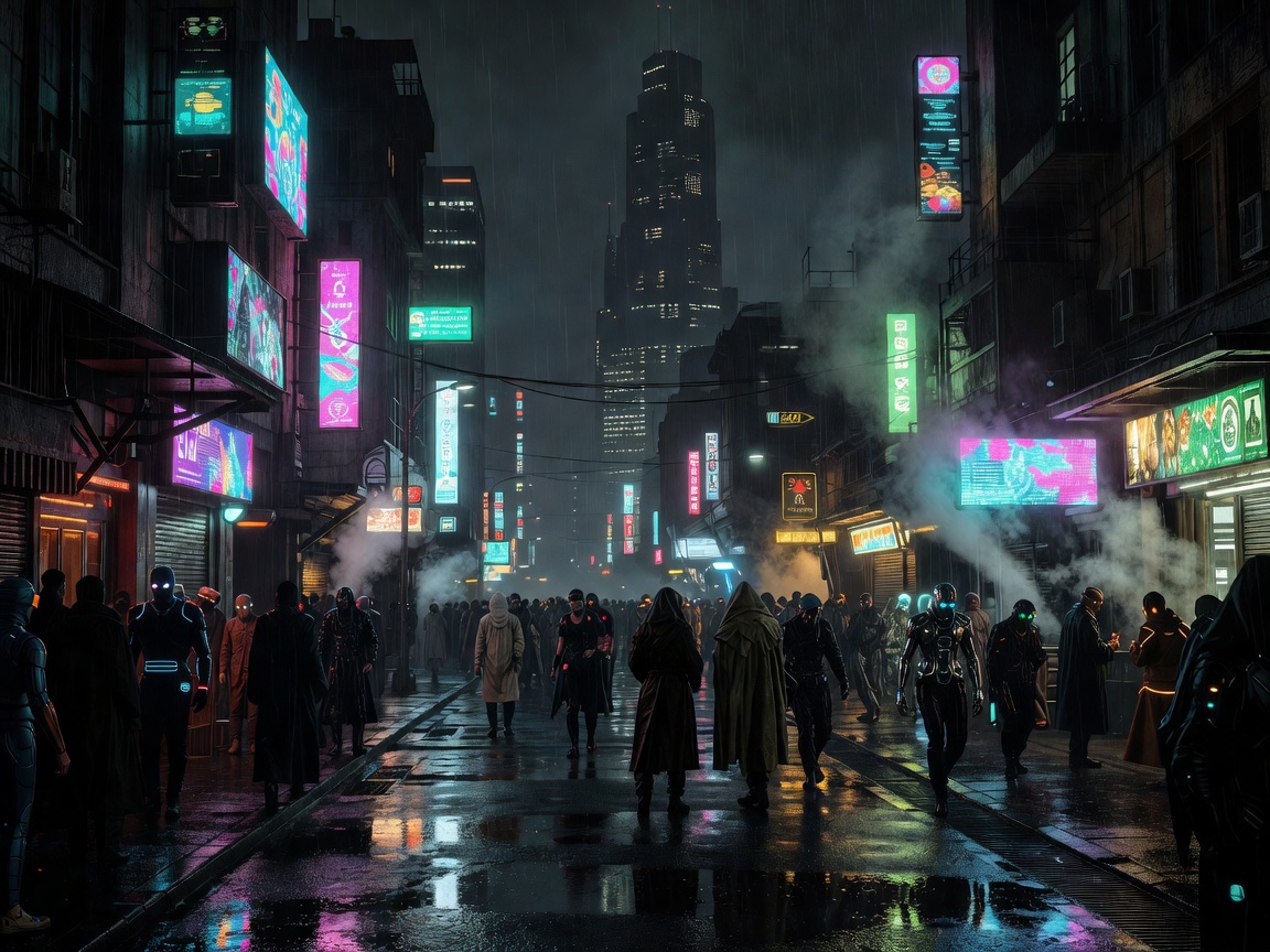 Cinematic cyberpunk street with rain, luminous signs, crowded walkways and a distant corporate tower