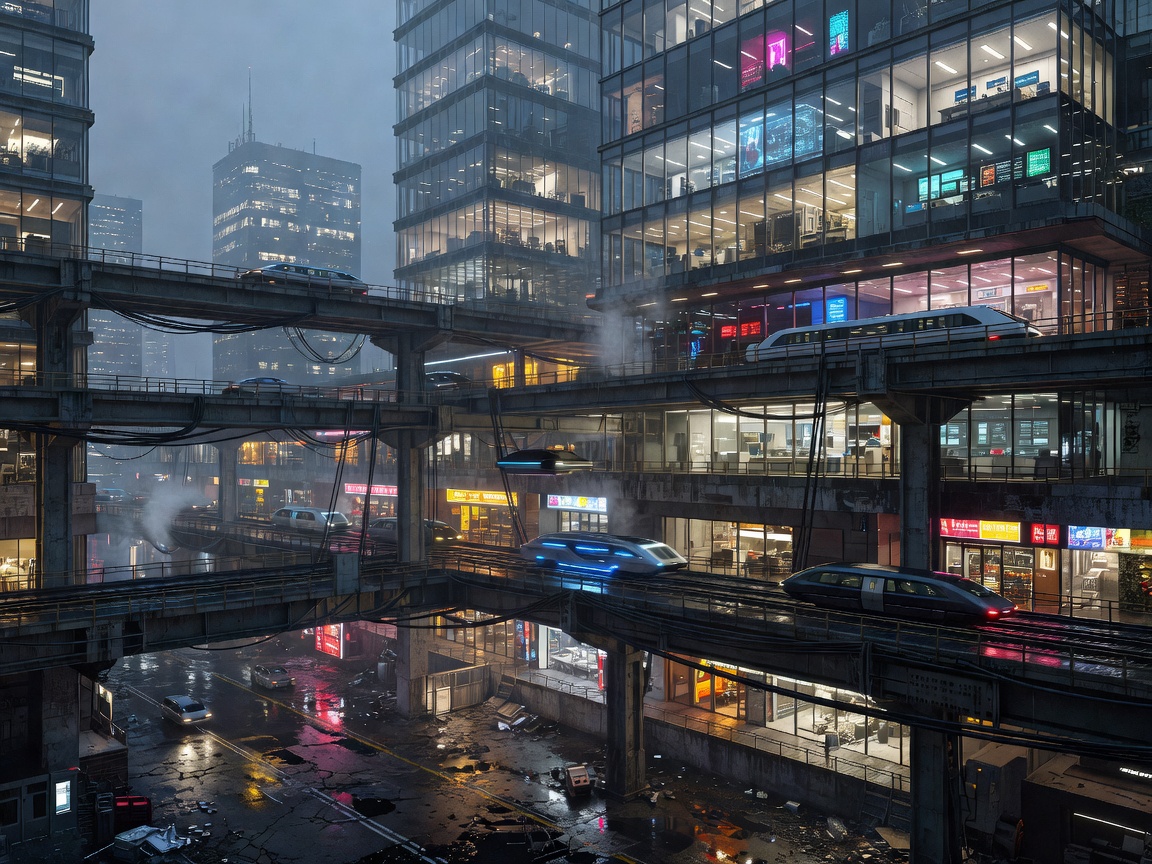 Film production design concept showing layered streets, transit decks and illuminated corporate interiors