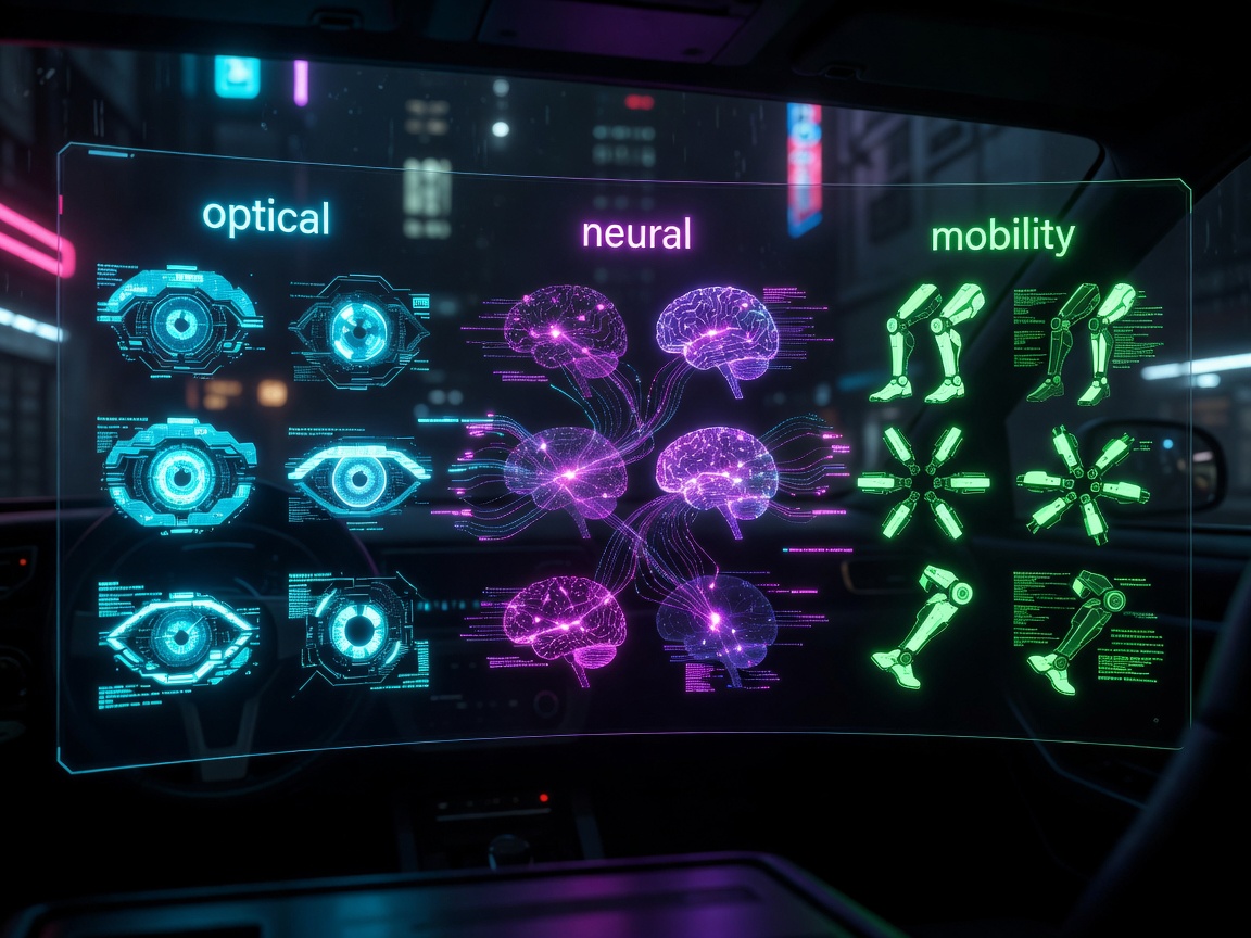 Stylised game augmentation menu with optical, neural and mobility upgrade categories