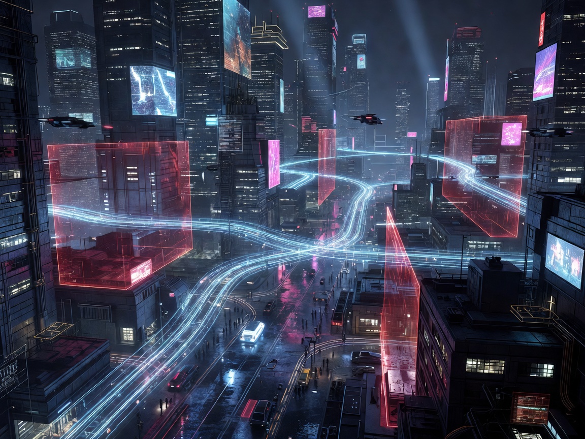 Futuristic game-like city interface showing transit routes, security zones and augmented vision