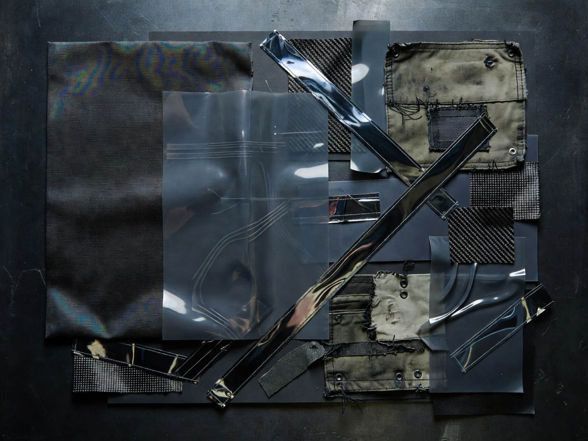 Cyberpunk fashion material board with technical fabric, translucent vinyl, reflective trim and repaired workwear