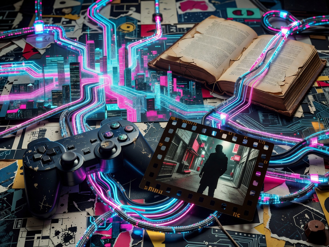 Collage of a game controller, film frame, open book and animated city linked by glowing circuitry