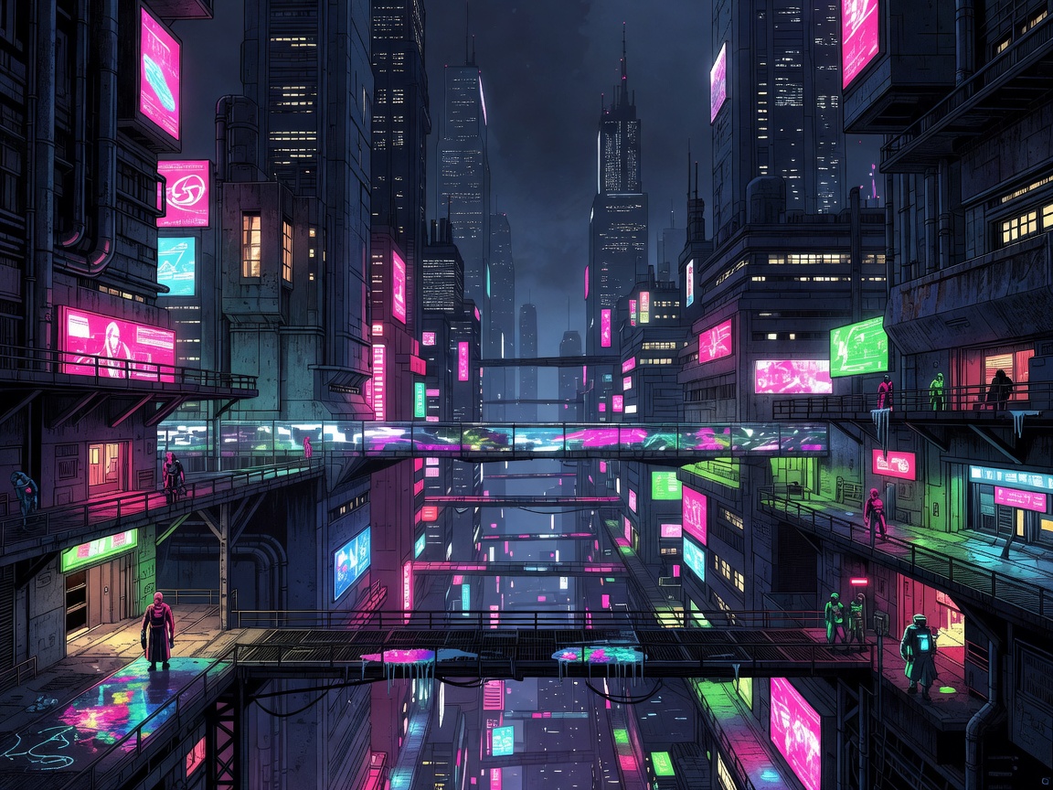 Illustrated cyberpunk city canyon with neon signs, elevated walkways and dense towers